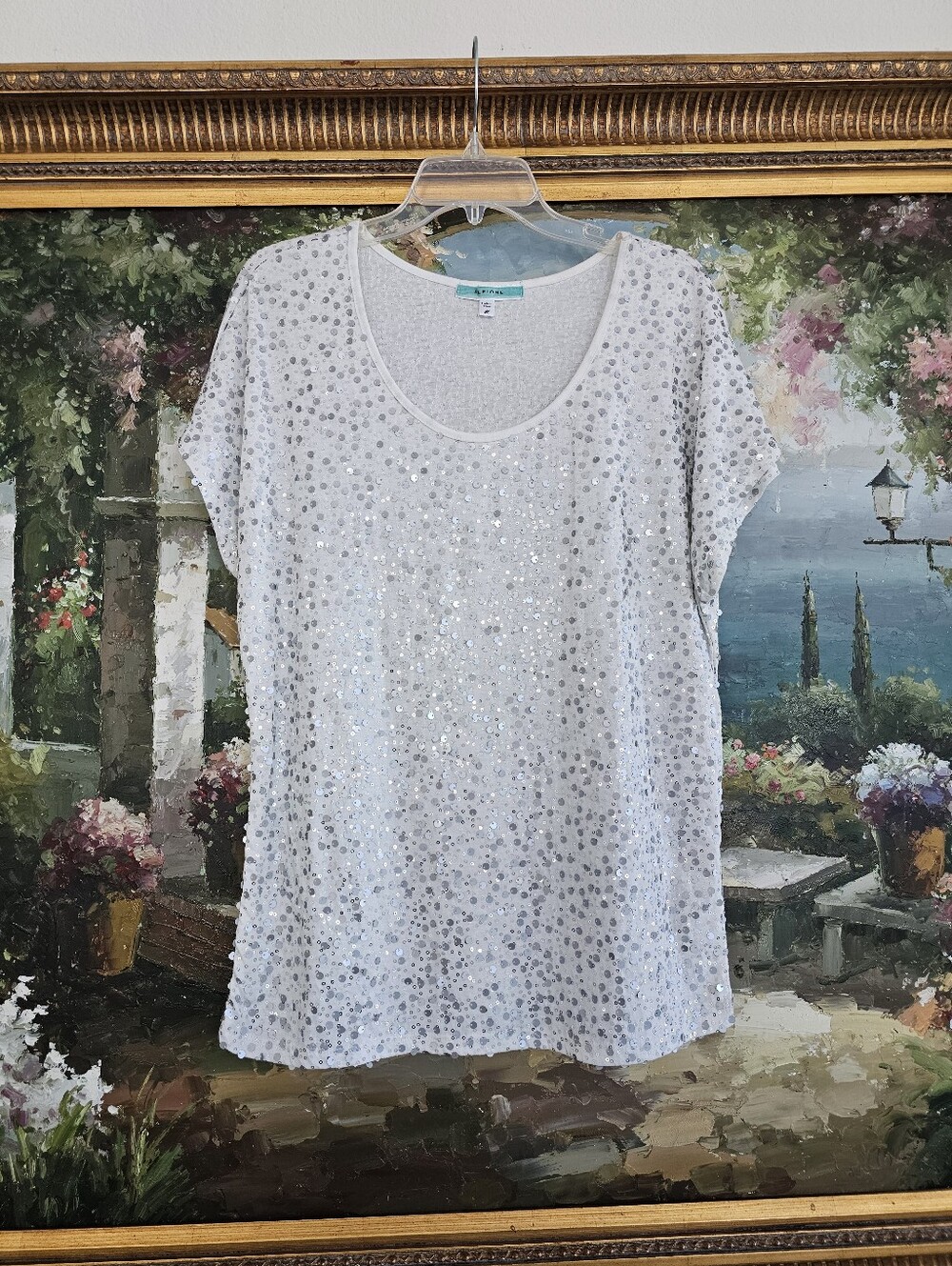 Pleione White & Silver Sequin Mesh Overlay Short Sleeve Tee - Size M